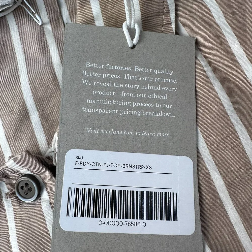 Everlane‎ The Woven 100% Cotton Long Sleeve PJ Pajama Top, Size XS, Brown Stripe